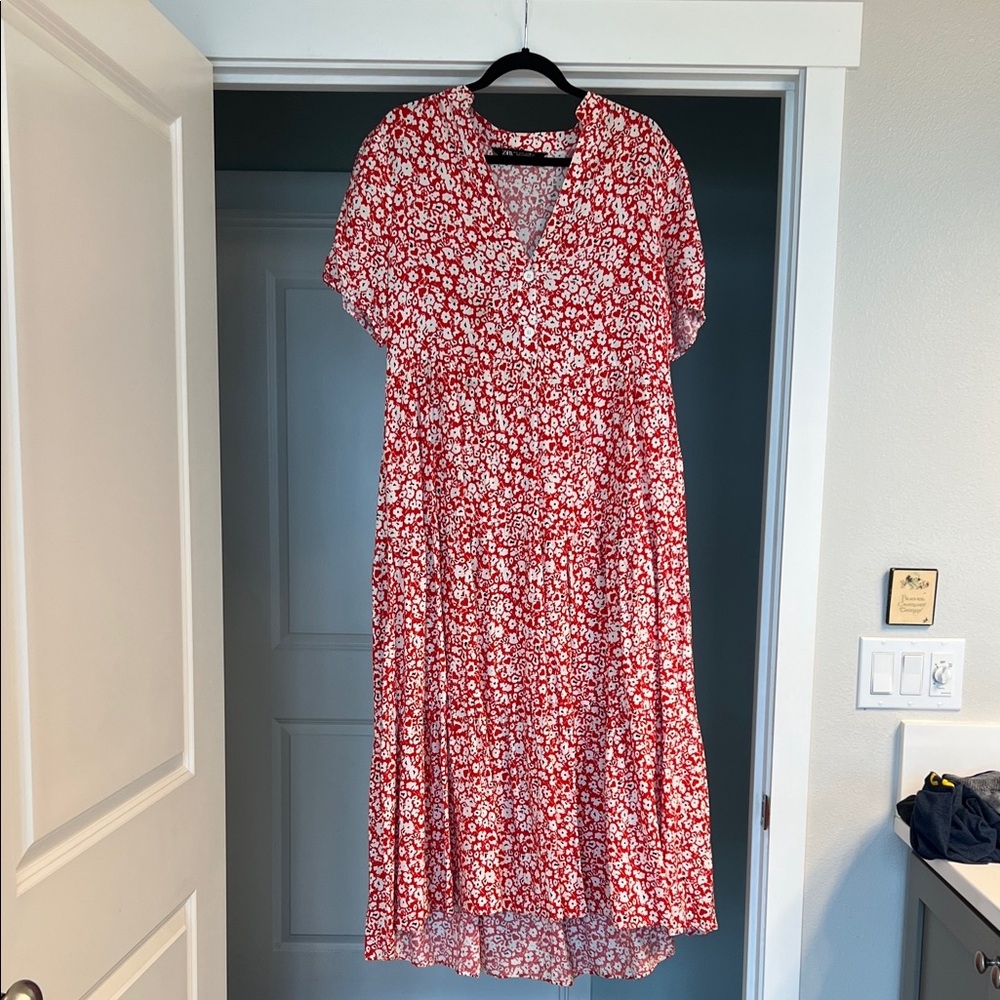 Zara Red and White Patterned Dress